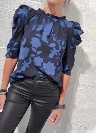 Blusa Suelta Estampado Floral Grande Cuello V y Mangas Murciélago - Image 6
