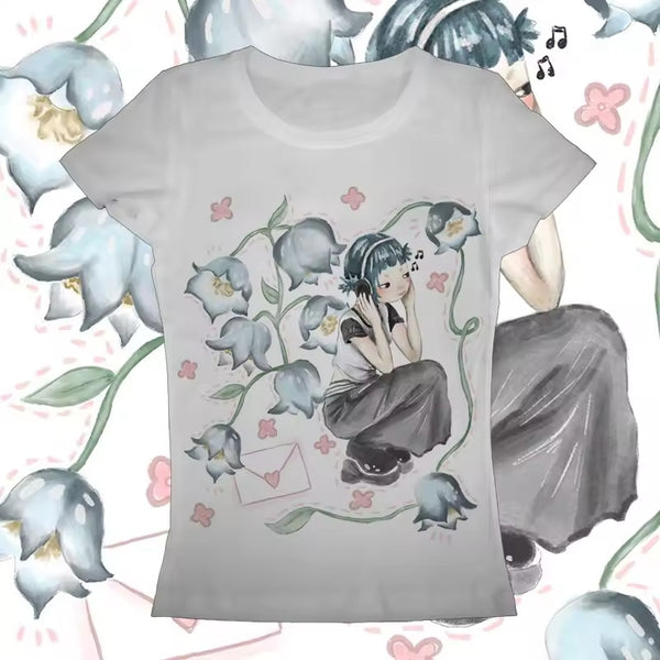 Playera Retro Estampada Cuello Redondo Manga Corta para Mujer - Image 3