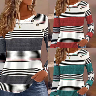 Blusa Casual de Rayas con Botones y Manga Larga para Mujer