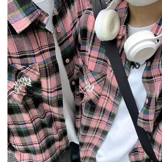 Camisa Vintage Tie-dye Cuadros Manga Larga Estilo Japonés para Hombre Otoño - Image 3