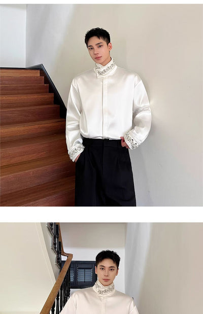 Camisa de Satén Elegante para Hombre con Cuello Mao y Detalles de Lentejuelas Brillantes - Image 19