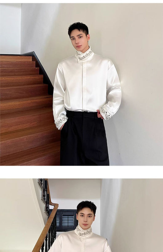 Camisa de Satén Elegante para Hombre con Cuello Mao y Detalles de Lentejuelas Brillantes - Image 19