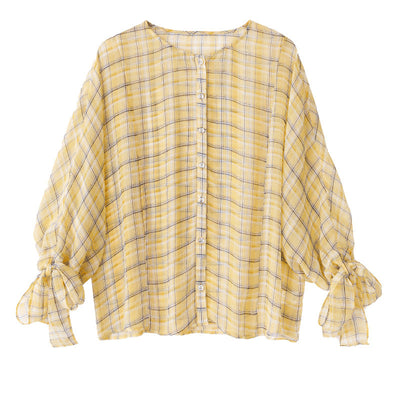 Blusa de Cuadros para Mujer con Mangas 3/4 y Cuello Redondo en Chifón - Image 8