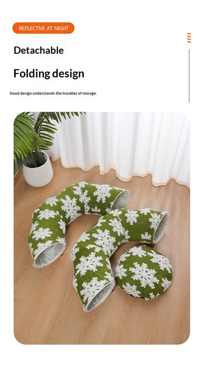 Cama Túnel Navideño para Mascotas con Diseño de Copos de Nieve Verde - Image 9