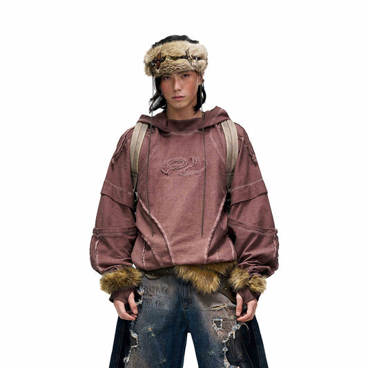 Sudadera con Capucha Desgastada de Estructura Dividida y Teñido Fracturado para Hombre - Image 2