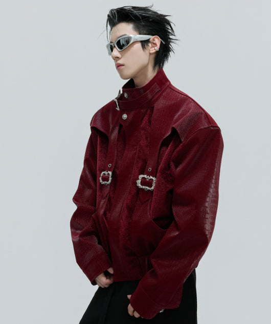 Chaqueta de Cuero Pesada con Cuello de Pie y Costuras de Crin de Caballo - Image 13