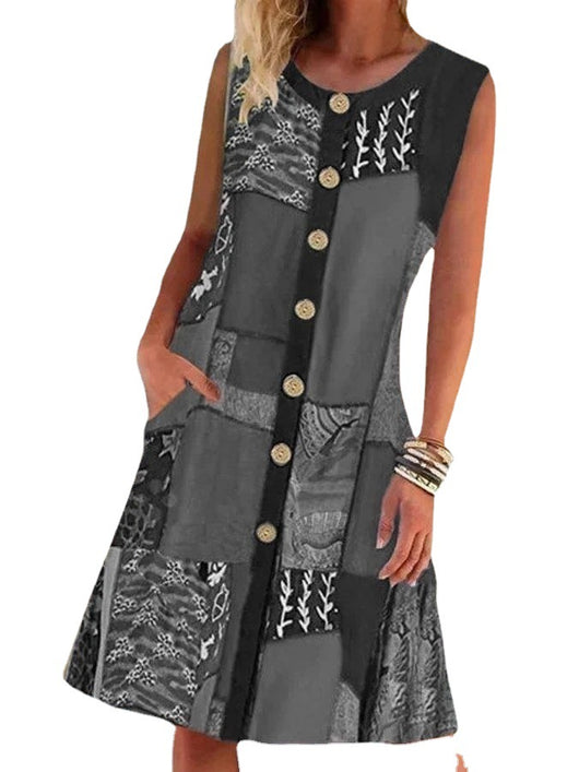 Vestido Sin Mangas con Cuello Redondo, Estampado y Bolsillos Contrastantes - Image 3