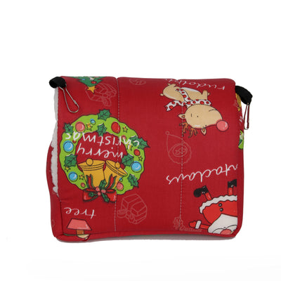 Teal cotton pet nest with a colorful forest pattern, lined with white plush, designed for small birds or parrots. - Image 6