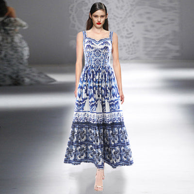 Vestido de Verano Azul y Blanco con Estampado de Tirantes de Porcelana - Image 9
