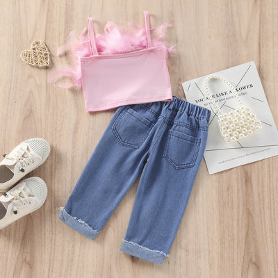 Conjunto Infantil: Top Escotado y Pantalón Denim de Color Sólido - Image 3