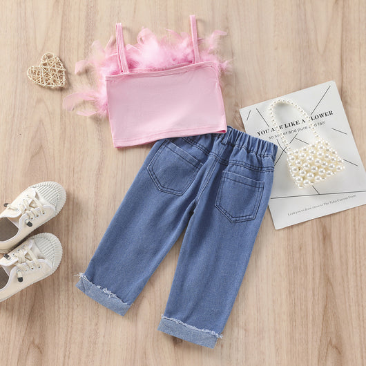 Conjunto Infantil: Top Escotado y Pantalón Denim de Color Sólido - Image 3