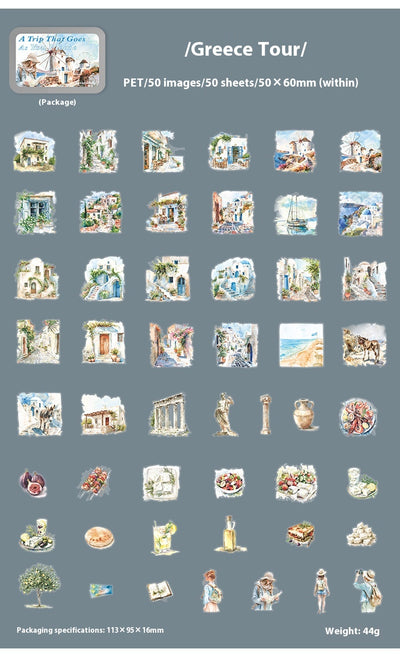 Set of 50 PET stickers featuring watercolor illustrations of a Greece tour, including buildings, landscapes, and food. - Image 19