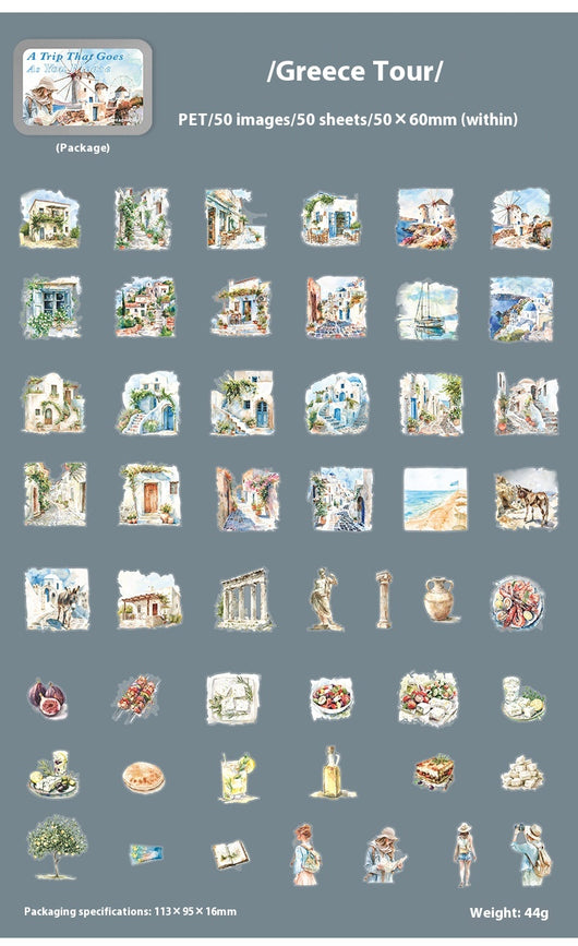 Set of 50 PET stickers featuring watercolor illustrations of a Greece tour, including buildings, landscapes, and food. - Image 19