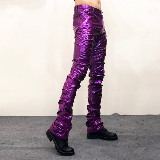 Pantalones de Cuero Acampanados con Espejo Reflectante para Hombre - Image 9