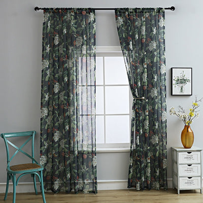 Dark gray semi-sheer curtains with a white and green floral pattern, hung on a black rod in a living room. - Image 4