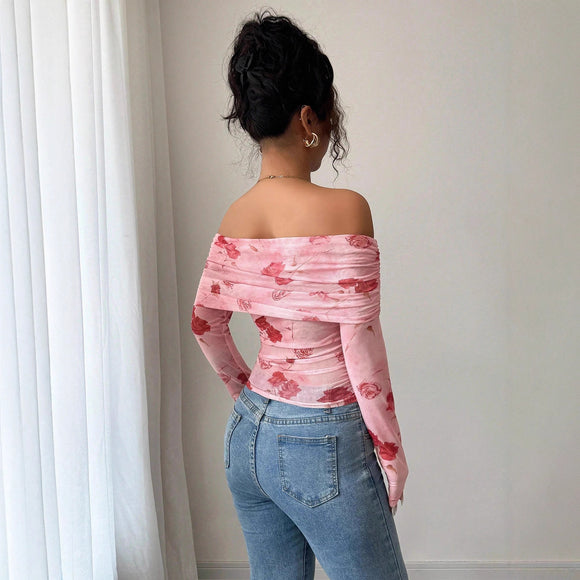 Blusa Asimétrica Ajustada con Volantes y Estampado Versátil