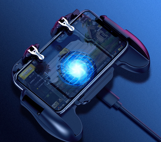 Red and blue smartphone game controller grip with integrated cooling fan and metal trigger buttons, connected to a white USB cable. - Image 5