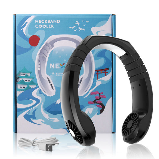 Black NEXFAN hanging neck fan with visible fan grilles and control buttons, designed for hands-free personal cooling. - Image 3