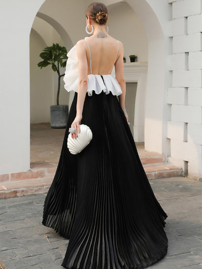 Vestido Elegante Negro y Blanco con Flores Artesanales y Dobladillo Plisado - Image 9