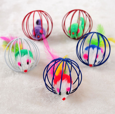 Four colorful wire cage mouse cat toys in green, white, blue, and red, designed for interactive pet play. - Image 19