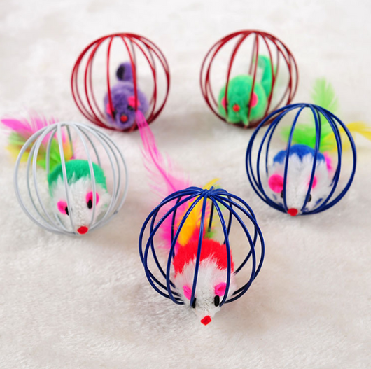 Four colorful wire cage mouse cat toys in green, white, blue, and red, designed for interactive pet play. - Image 19