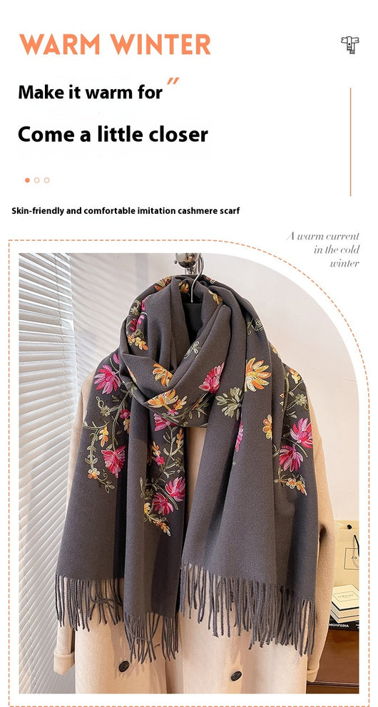 Bufanda Étnica de Invierno con Bordado Floral y Tacto de Cachemira - Image 17