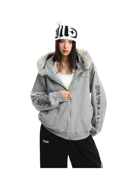 Cardigan Mujer con Cuello de Pelaje Desmontable y Cierre de Cremallera - Image 12