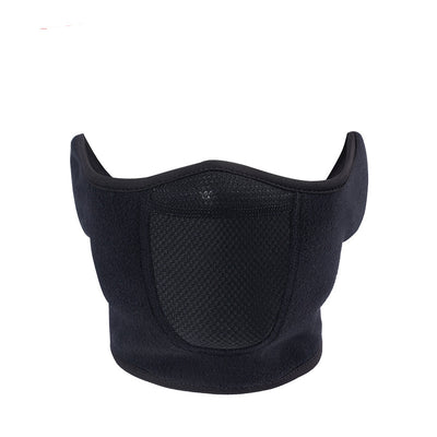 Black winter cycling mask made of polar fleece and windproof fabric, featuring ear flaps and a mesh panel. - Image 4