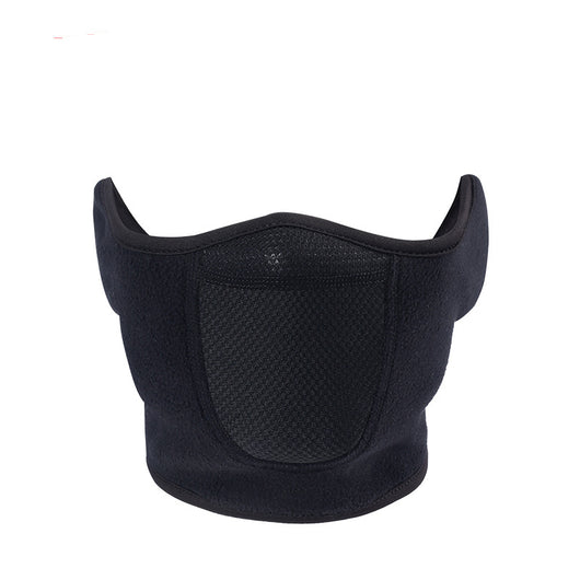 Black winter cycling mask made of polar fleece and windproof fabric, featuring ear flaps and a mesh panel. - Image 4