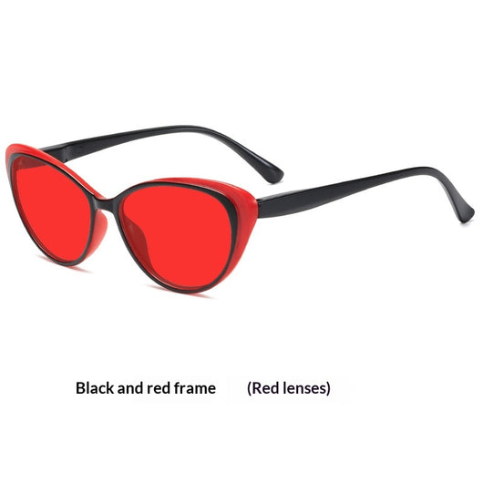 Retro cat-eye sunglasses with bright black frames and yellow night vision lenses on a white background. - Image 11