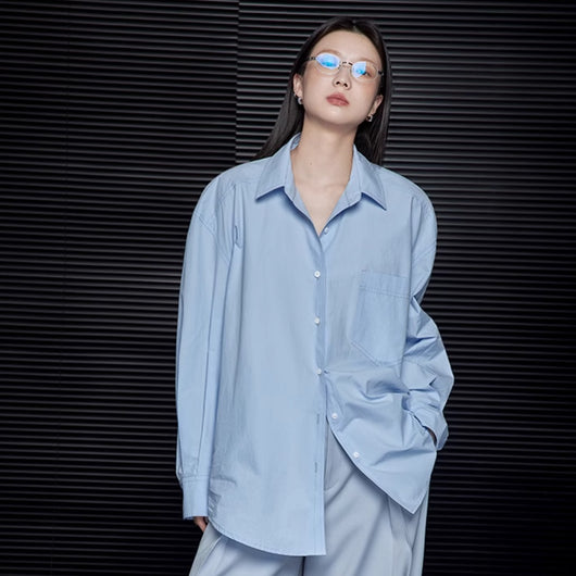 Blusa Minimalista Suelta Azul de Manga Larga para Mujer