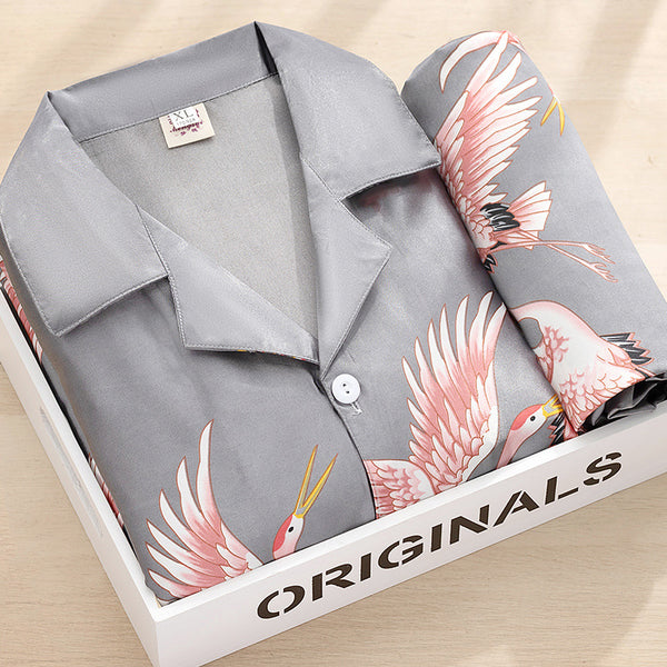 Pijama para Parejas en Seda de Hielo - Conjunto de Manga Larga Primavera Otoño