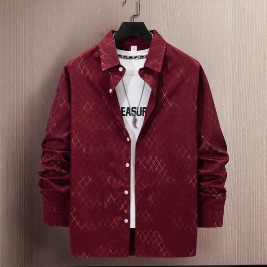 Camisa Casual de Manga Larga para Hombre con Estampado Geométrico en Dorado - Image 3