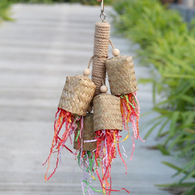 Colorful shredded paper biting bird toy with sisal rope, woven baskets, and wooden beads for parrots. - Image 5