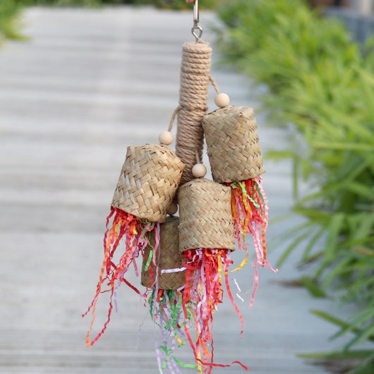 Colorful shredded paper biting bird toy with sisal rope, woven baskets, and wooden beads for parrots. - Image 5