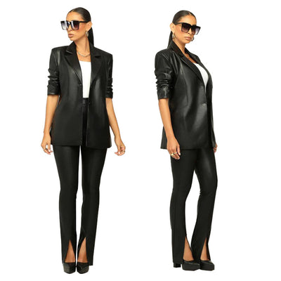 Traje de Cuero PU con Pliegues - Conjunto Elegante para Mujer - Image 17