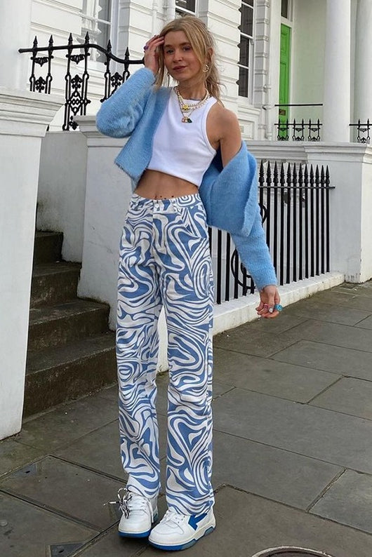 Pantalones Rectos Casual con Estampado Zebra Azul - Image 7