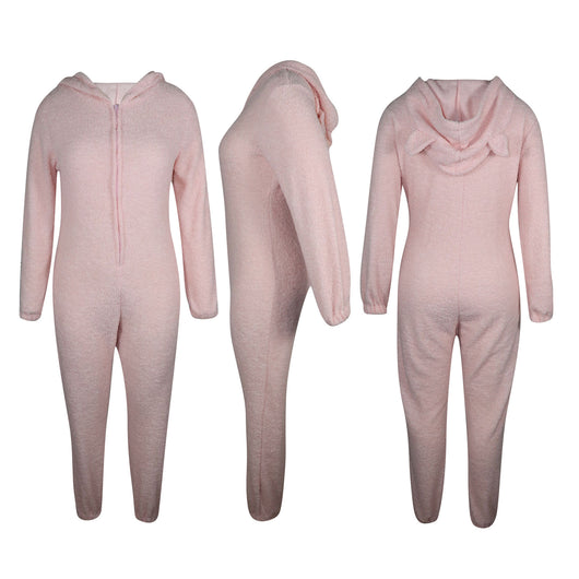 Pijama Enterizo Cálido con Capucha y Orejas - Felpa Suave de Color Liso - Image 15