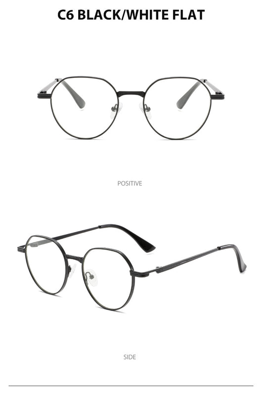 Round metal sunglasses with silver frames and dark gray lenses, featuring black temple tips, on a white background. - Image 23