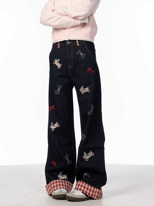 Jeans de Pierna Ancha Cintura Alta con Bordado de Moño Vintage - Image 6