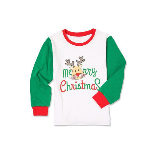 Family of four wearing matching white and green striped Christmas pajamas with reindeer and "Merry Christmas" text. - Image 4