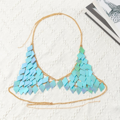 Woman wearing a gold-tone body chain top with iridescent pink and orange diamond-shaped sequins, perfect for beach or festival. - Image 52