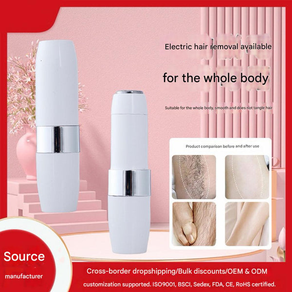 Two white and silver electric shavers for painless, full-body hair removal, featuring a detachable and washable blade head.