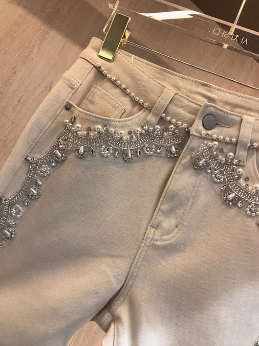 Pantalones Cintura Alta Ajustados con Detalles de Pedrería y Terciopelo - Image 8