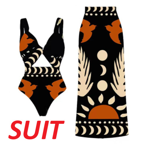 Black one-piece swimsuit with an asymmetrical top and matching long skirt, featuring a tropical palm tree and bird print. - Image 22