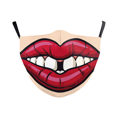 Beige Halloween face mask with a wide-open mouth print featuring red lips, white teeth, and a pink tongue. - Image 29