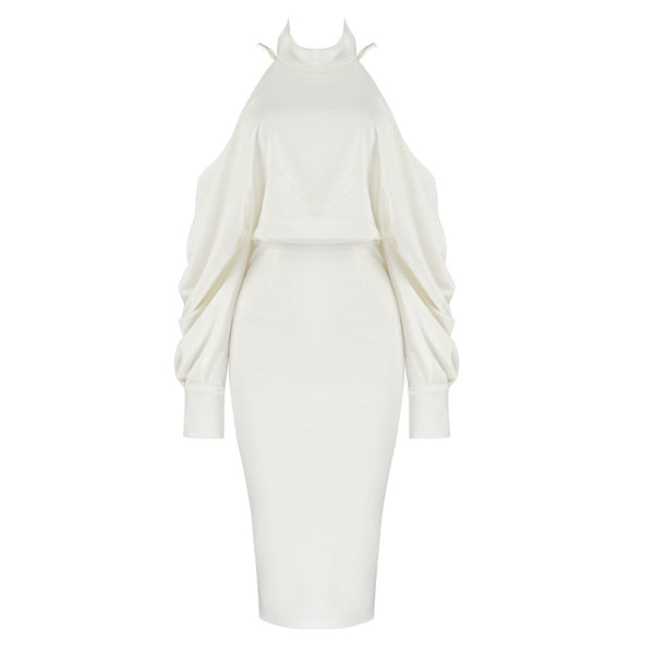 Vestido de Noche Elegante con Cadena de Perlas y Manga Larga Stretch