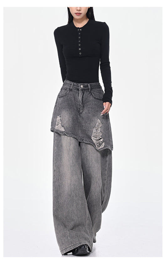 Pantalones Rectos Azul Vintage Efecto Desgastado Doble Tela para Mujer - Image 23