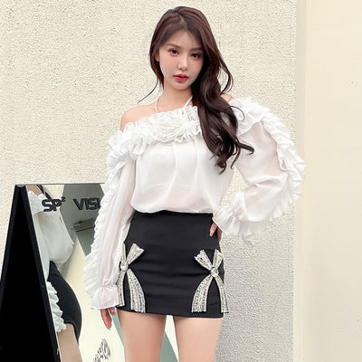 Blusa Chiffon Hombros Descubiertos Manga Larga