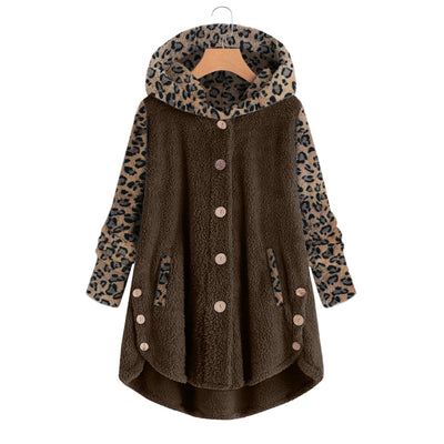 Abrigo Largo con Capucha y Empalme de Leopardo en Felpa para Mujer - Image 10